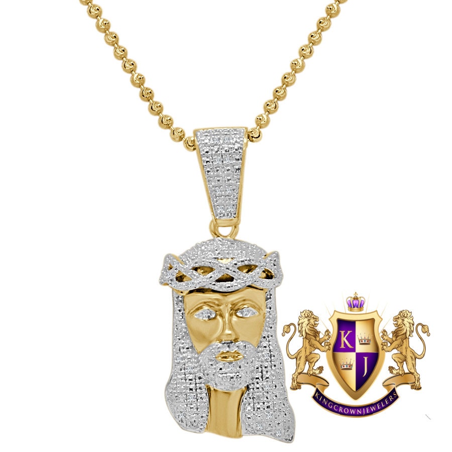 Mens Real Genuine Diamond Jesus Head Mini Pendant Charm Chain Set 10K Yellow Gold Finish