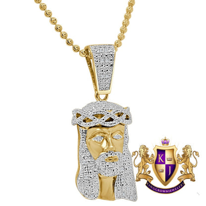 Mens Real Genuine Diamond Jesus Head Mini Pendant Charm Chain Set 10K Yellow Gold Finish