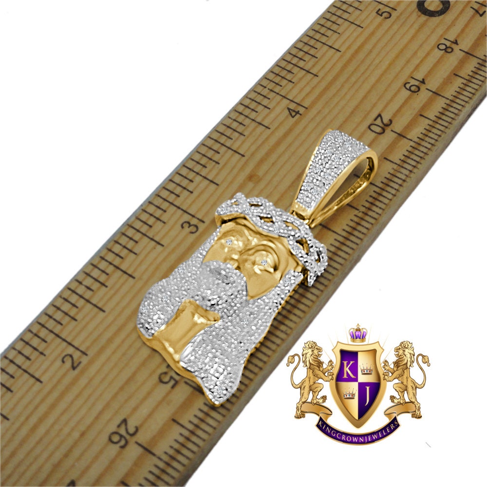 Mens Real Genuine Diamond Jesus Head Mini Pendant Charm Chain Set 10K Yellow Gold Finish