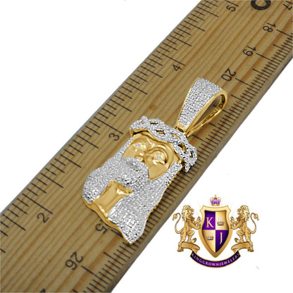 Mens Real Genuine Diamond Jesus Head Mini Pendant Charm Chain Set 10K Yellow Gold Finish