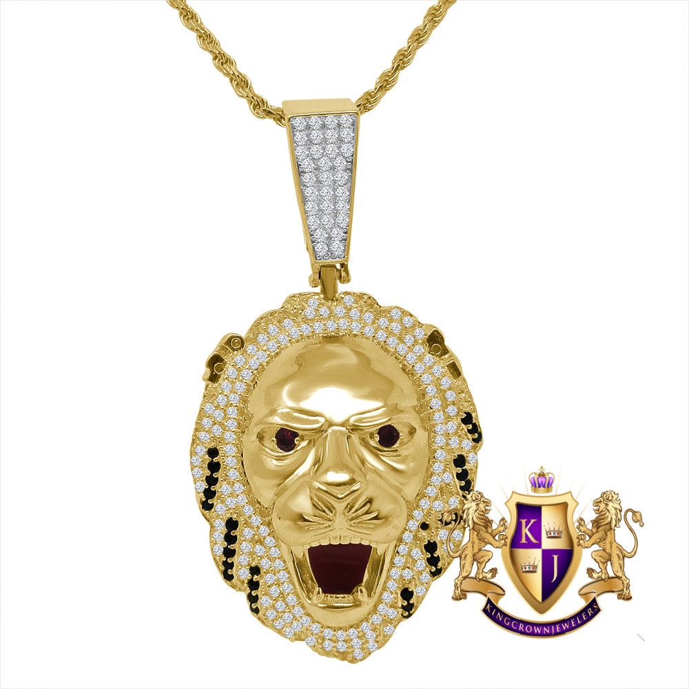 Real Genuine Sterling Silver Multi Tone 14K Gold Finish 1.35 Cwt. Simulated Diamond Lion King Head Unisex Pendant Charm Chain Neckless Set