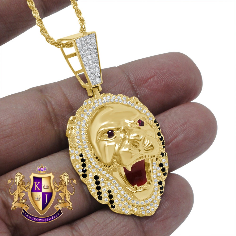 Real Genuine Sterling Silver Multi Tone 14K Gold Finish 1.35 Cwt. Simulated Diamond Lion King Head Unisex Pendant Charm Chain Neckless Set
