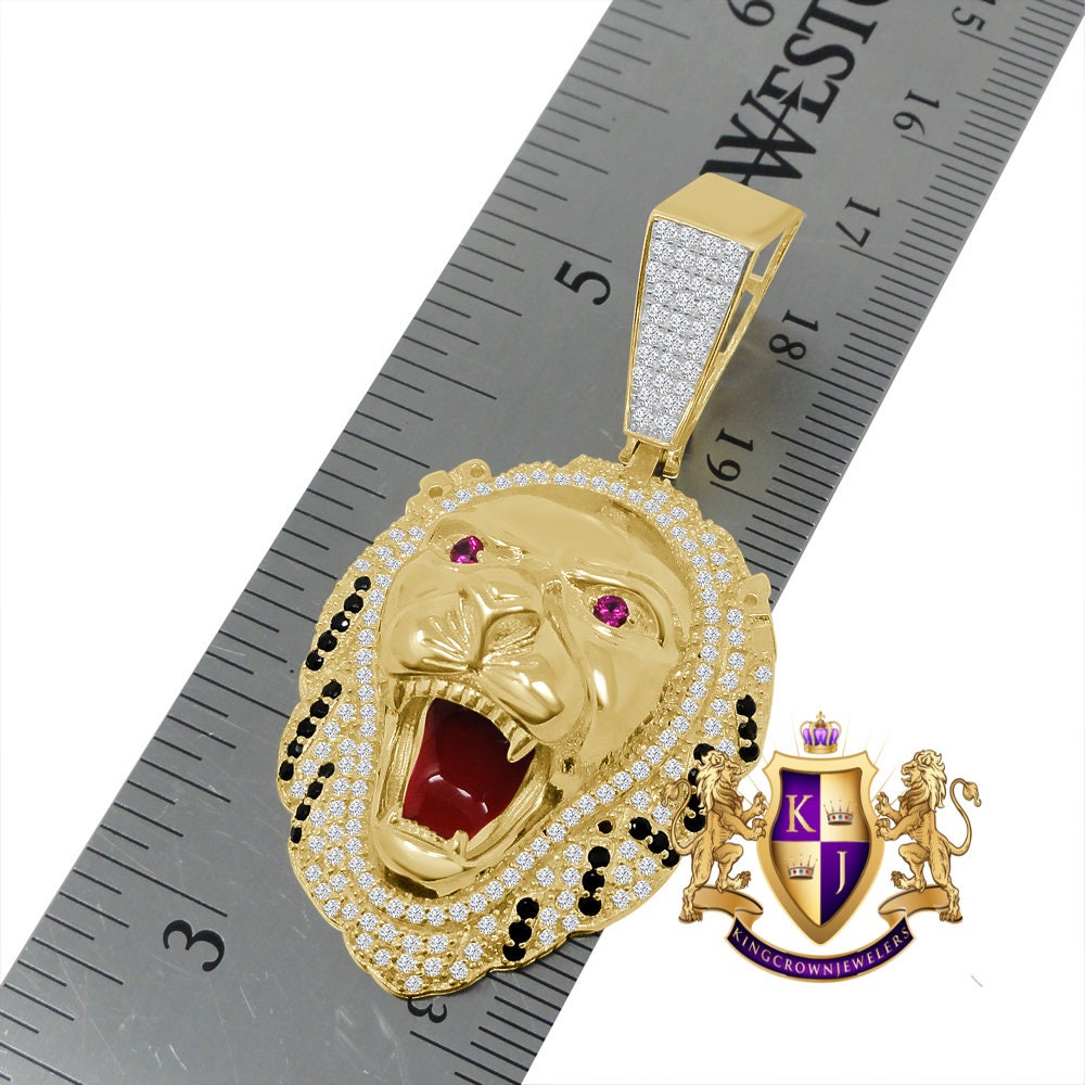 Real Genuine Sterling Silver Multi Tone 14K Gold Finish 1.35 Cwt. Simulated Diamond Lion King Head Unisex Pendant Charm Chain Neckless Set
