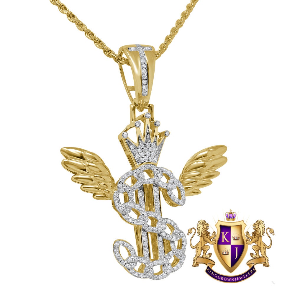 Men's Flying Money Dollar Sign Crown Custom Pendent Real Sterling Silver Charm Chain Set