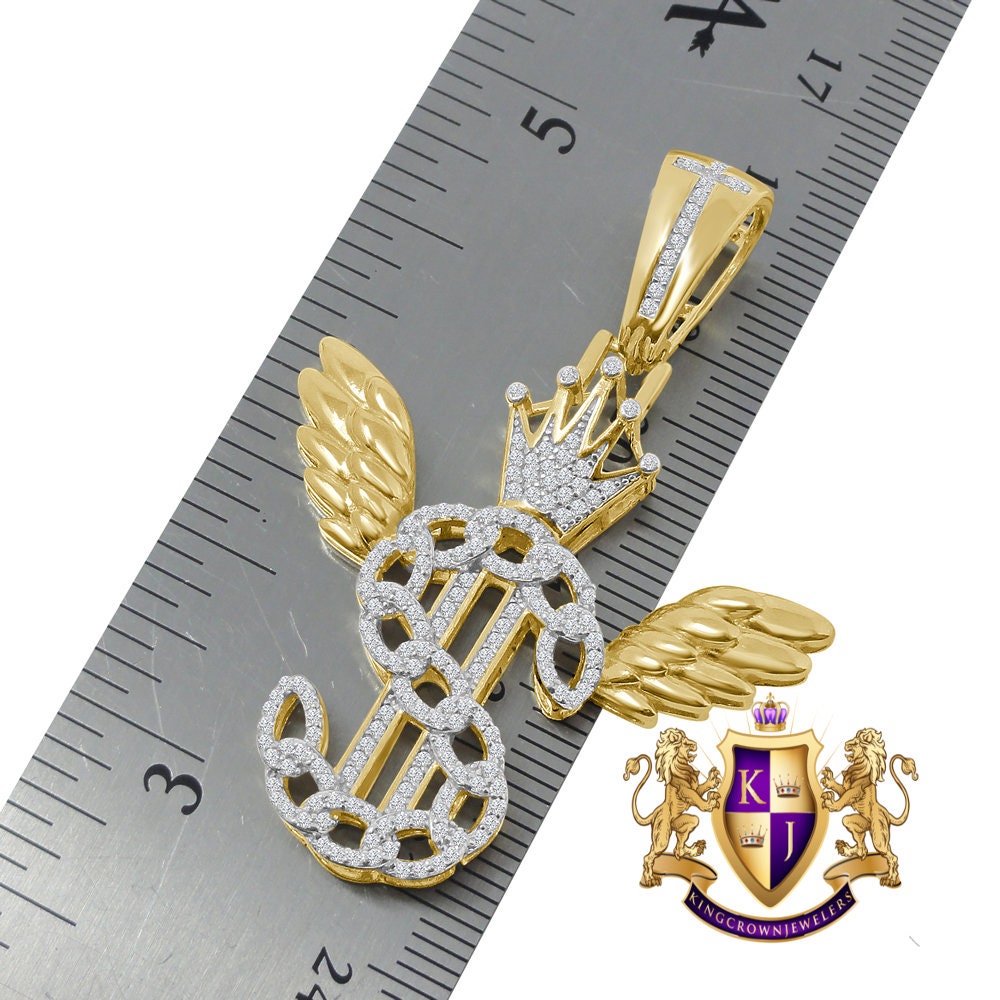 Men's Flying Money Dollar Sign Crown Custom Pendent Real Sterling Silver Charm Chain Set