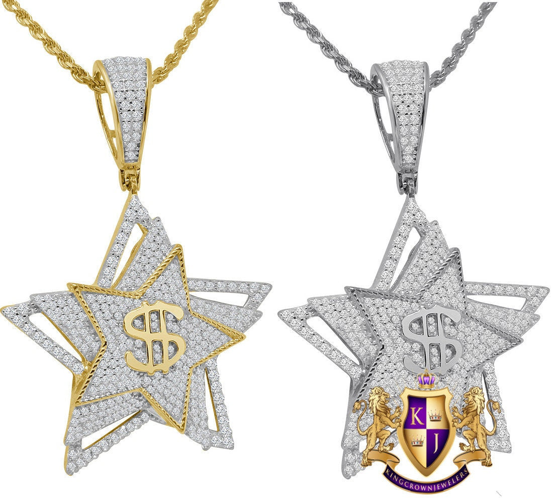 Men's Money Dollar Sign Lucky Star Custom Pendent Real Sterling Silver Charm Chain Set