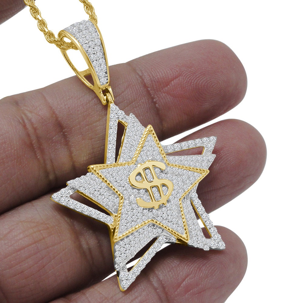 Men's Money Dollar Sign Lucky Star Custom Pendent Real Sterling Silver Charm Chain Set