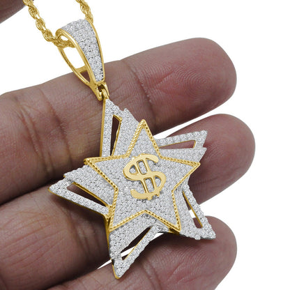 Men's Money Dollar Sign Lucky Star Custom Pendent Real Sterling Silver Charm Chain Set