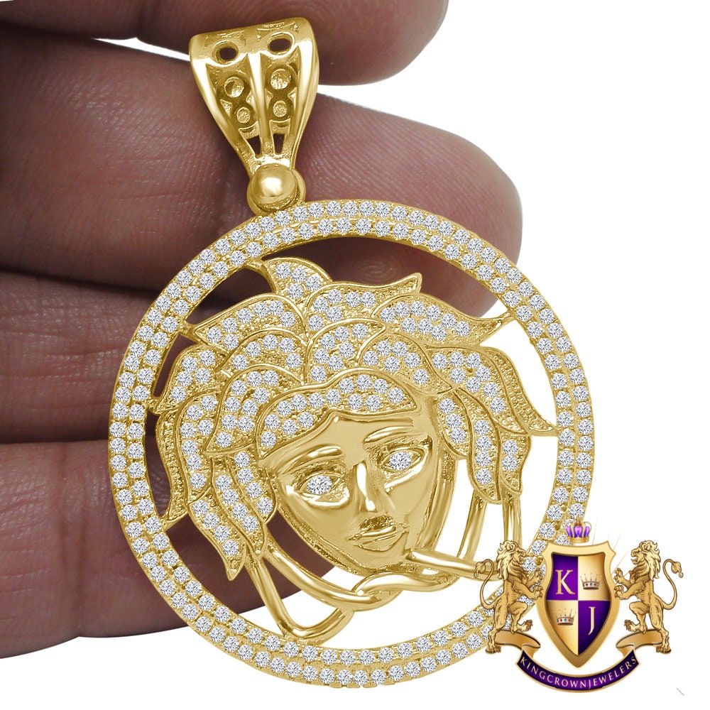 Real Genuine Sterling Silver Simulated Diamond 14K Gold Finish Custom Greek Lady Pendent Charm