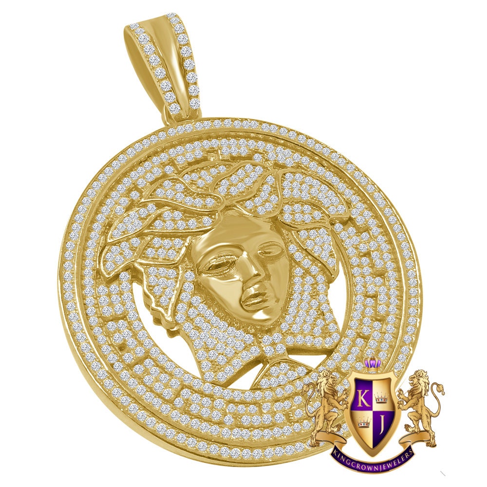 Big XL 2.55'' Real Yellow Gold On Genuine Sterling Silver Simulated Diamond Greek Lady Custom Pendant Medallion  Charm