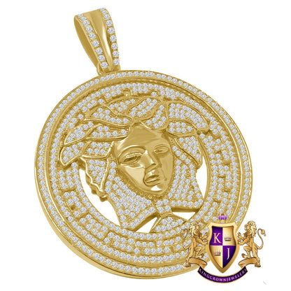 Big XL 2.55'' Real Yellow Gold On Genuine Sterling Silver Simulated Diamond Greek Lady Custom Pendant Medallion  Charm