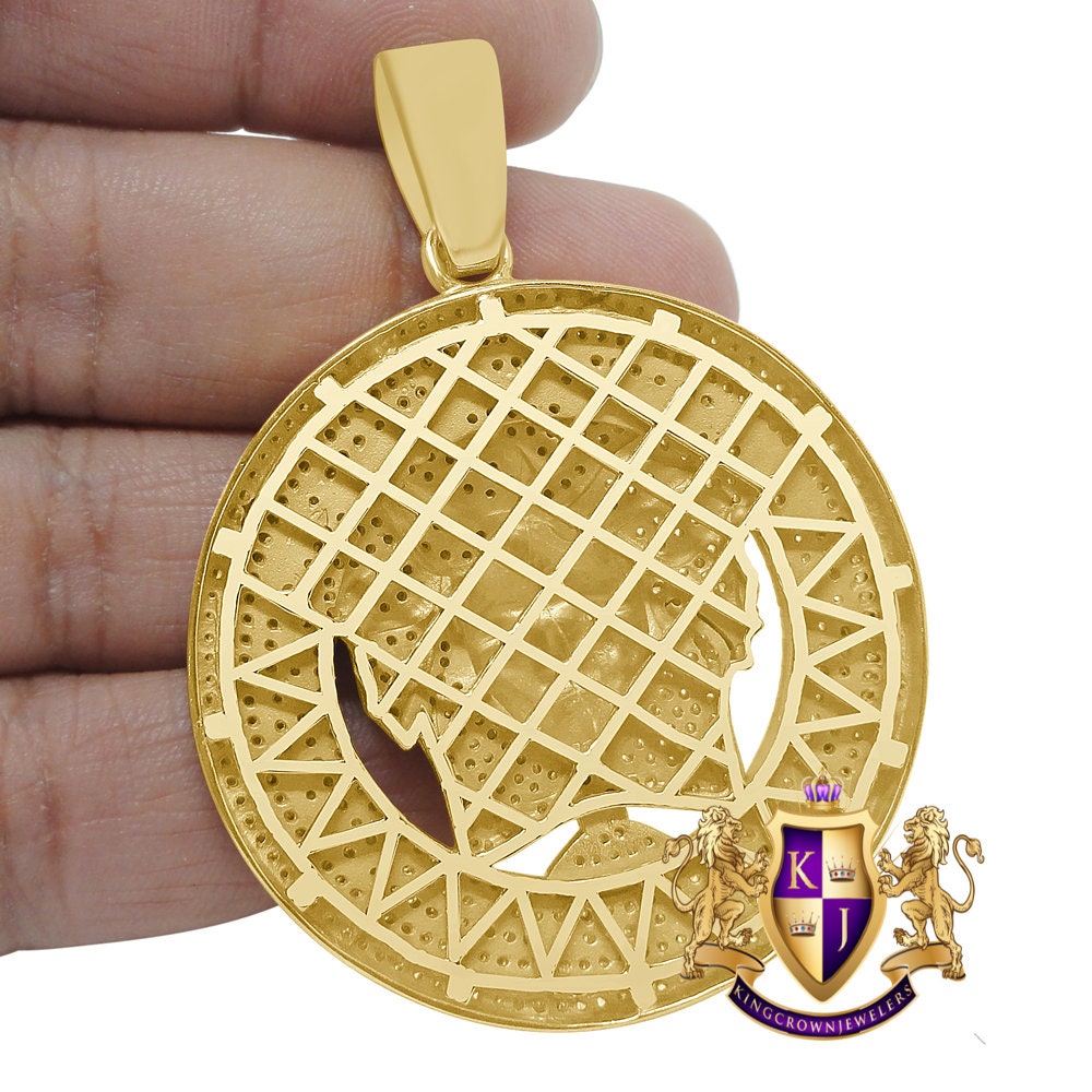 Big XL 2.55'' Real Yellow Gold On Genuine Sterling Silver Simulated Diamond Greek Lady Custom Pendant Medallion  Charm
