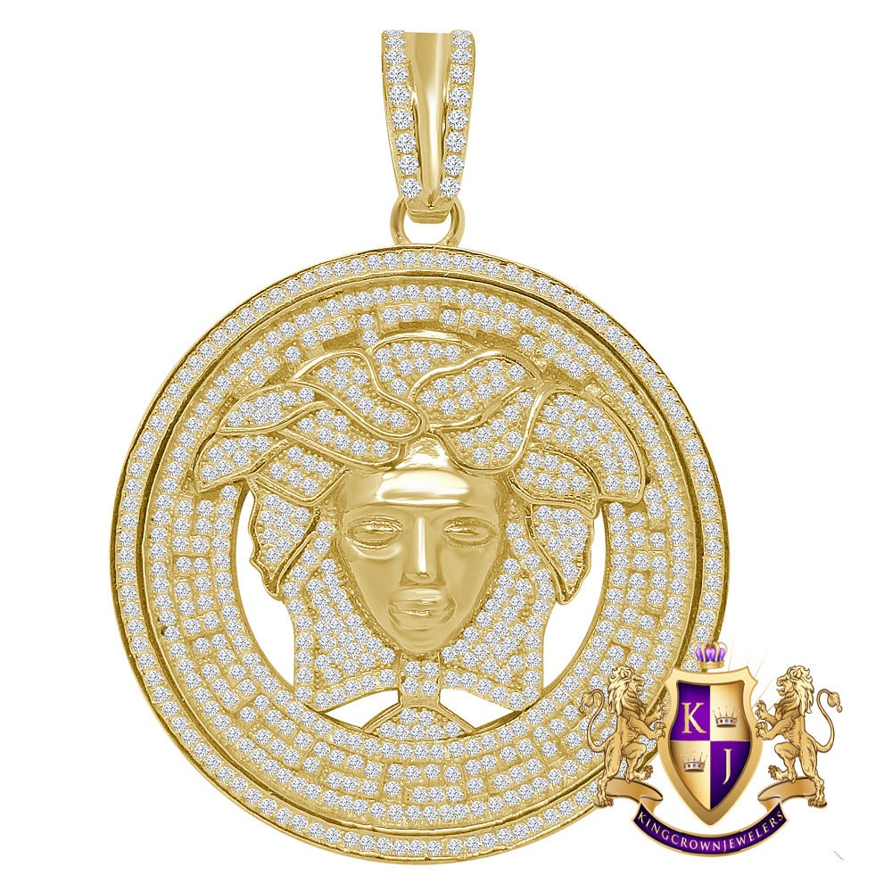 Big XL 2.55'' Real Yellow Gold On Genuine Sterling Silver Simulated Diamond Greek Lady Custom Pendant Medallion  Charm