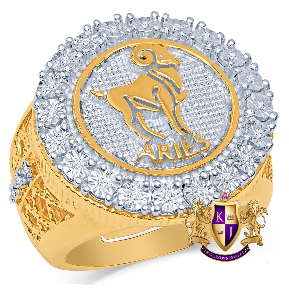 Real Genuine Authentic Diamonds Aries Rams  Zodiac Lucky Sign Astrology Horoscope Men's Ring Band 10K Gold Finish