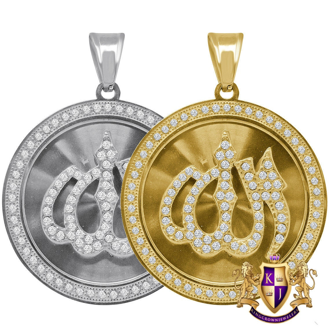 23+ Grams High Quality Solid Stainless Steel 18K Gold Finish Simulated Diamond Allah God Muslim Islamic Arabic Pendant Charm Round Medallion