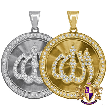 23+ Grams High Quality Solid Stainless Steel 18K Gold Finish Simulated Diamond Allah God Muslim Islamic Arabic Pendant Charm Round Medallion