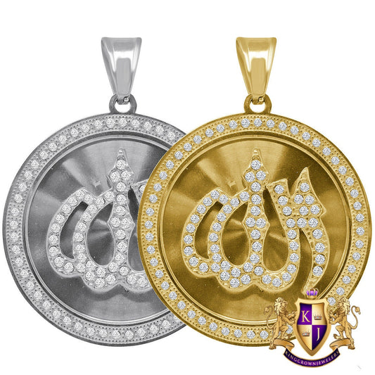 23+ Grams High Quality Solid Stainless Steel 18K Gold Finish Simulated Diamond Allah God Muslim Islamic Arabic Pendant Charm Round Medallion