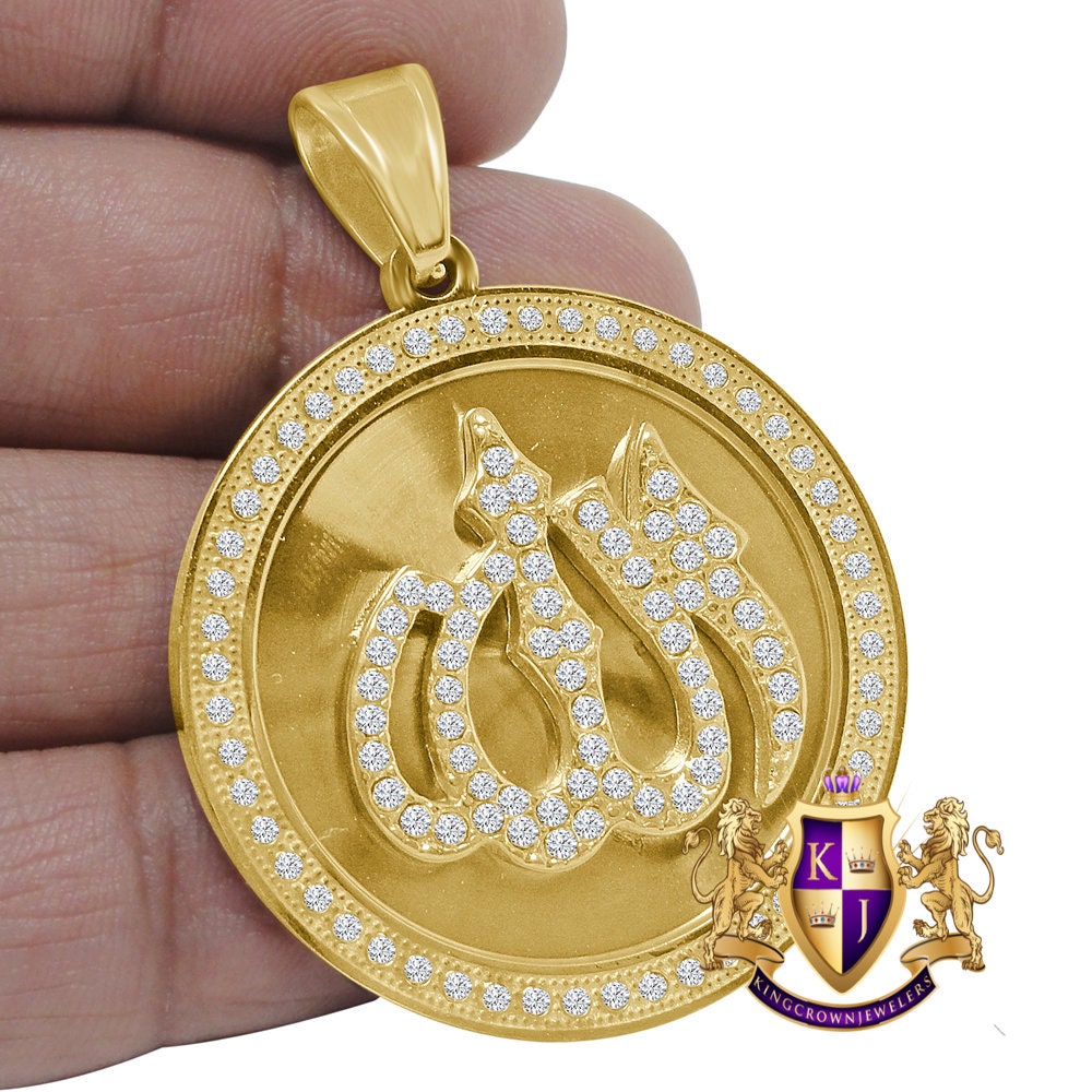 23+ Grams High Quality Solid Stainless Steel 18K Gold Finish Simulated Diamond Allah God Muslim Islamic Arabic Pendant Charm Round Medallion