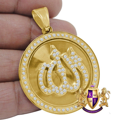23+ Grams High Quality Solid Stainless Steel 18K Gold Finish Simulated Diamond Allah God Muslim Islamic Arabic Pendant Charm Round Medallion