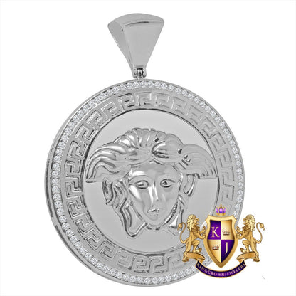 14k White Gold On Genuine Sterling Silver Simulated Diamond Lady Custom Pendant Medallion Charm Big 2.50''
