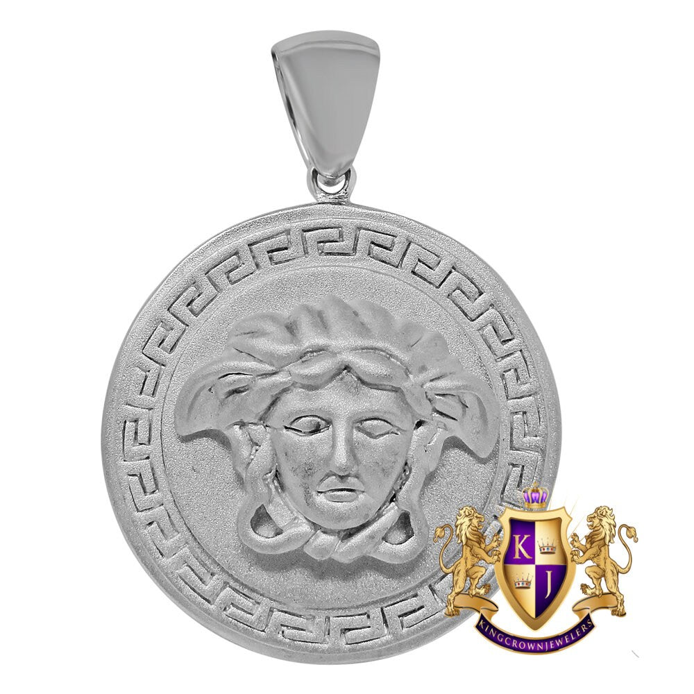 Men's White Matte Satin Finish Real Sterling Silver Greek Lady Custom Round Charm Pendent  38 + Grams