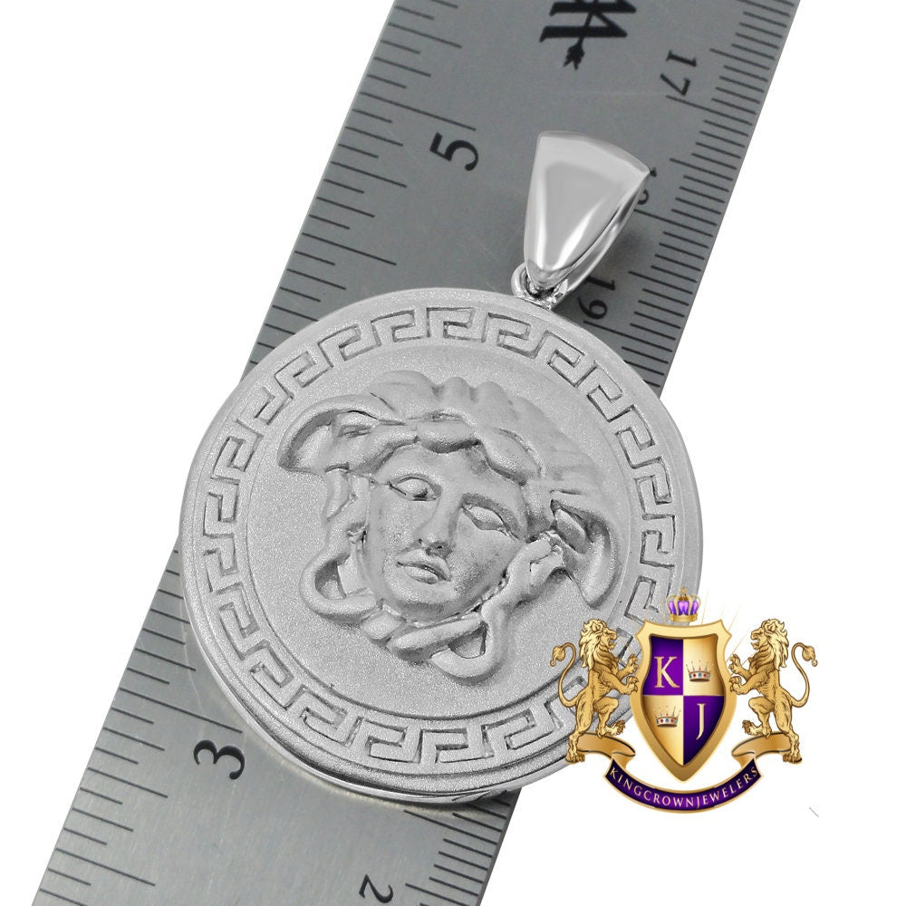 Men's White Matte Satin Finish Real Sterling Silver Greek Lady Custom Round Charm Pendent  38 + Grams