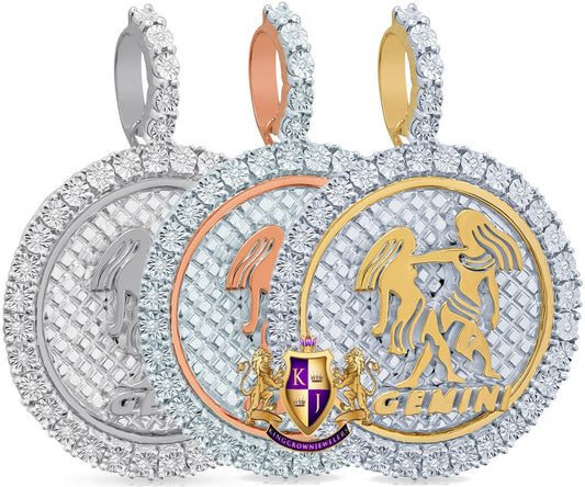 Real Genuine Diamond Gemini Twins Zodiac Lucky Sign Astrology Horoscope Pendent Charm 10K Gold Finish 2''