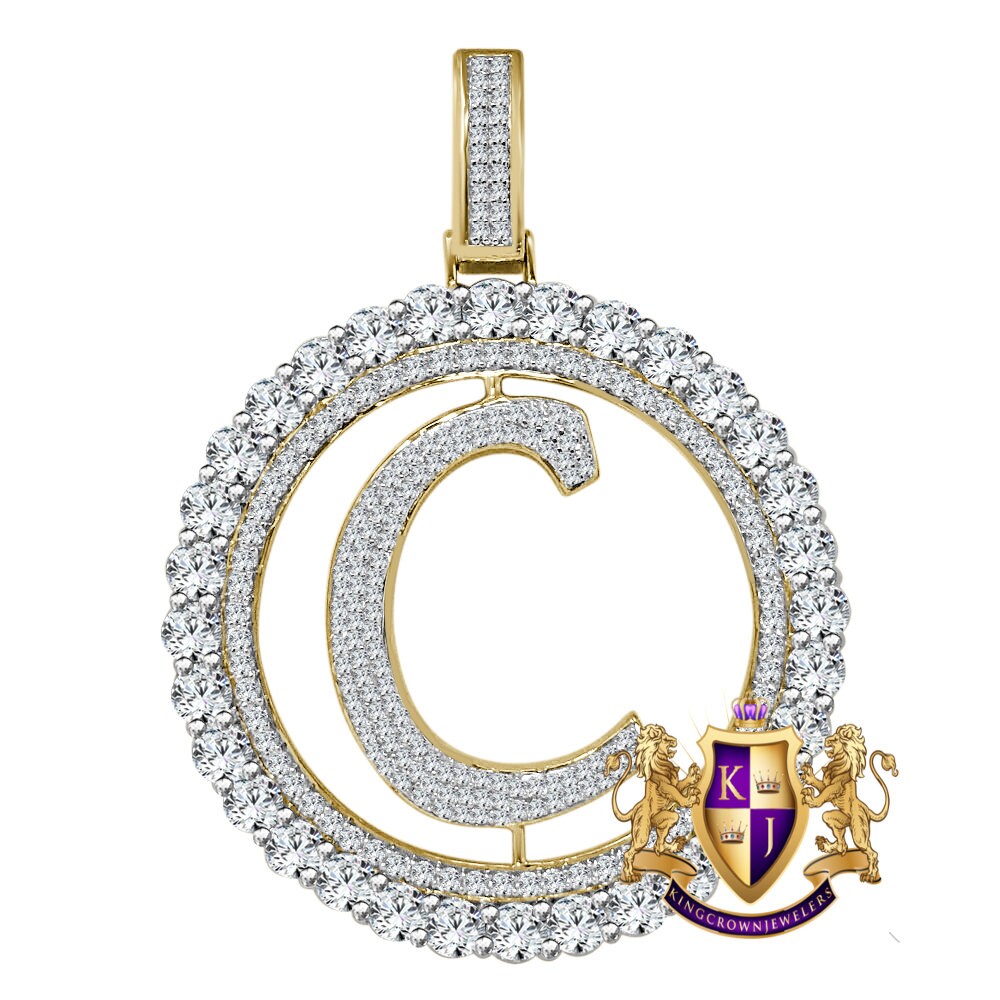 Big XL 3'' Solitaire Real Sterling Silver Gold Finish Simulated Diamond Initial Letter Alphabet "C" Pendent Charm Medallion