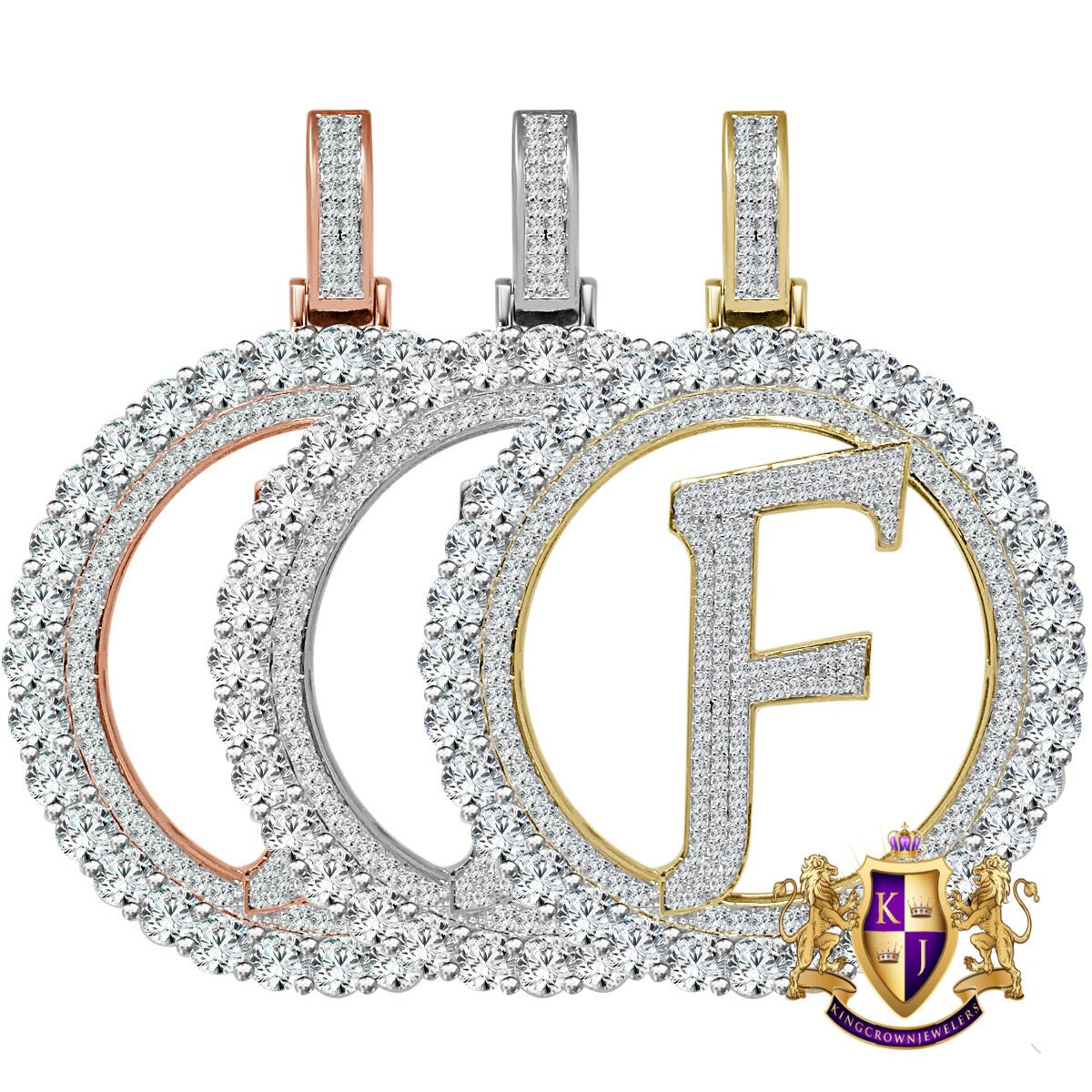 Big XL 3'' Solitaire Real Sterling Silver Gold Finish Simulated Diamond Initial Letter Alphabet "F" Pendent Charm Medallion