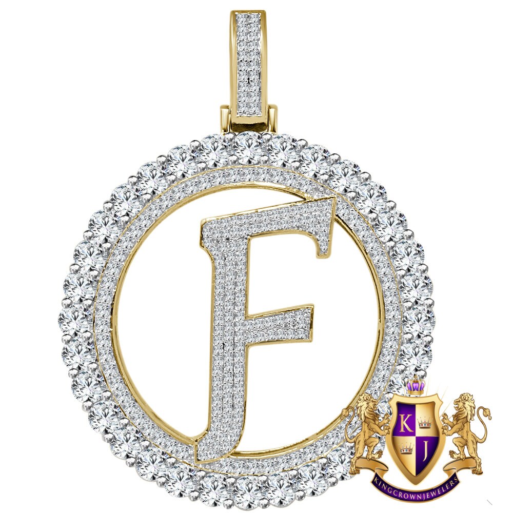 Big XL 3'' Solitaire Real Sterling Silver Gold Finish Simulated Diamond Initial Letter Alphabet "F" Pendent Charm Medallion