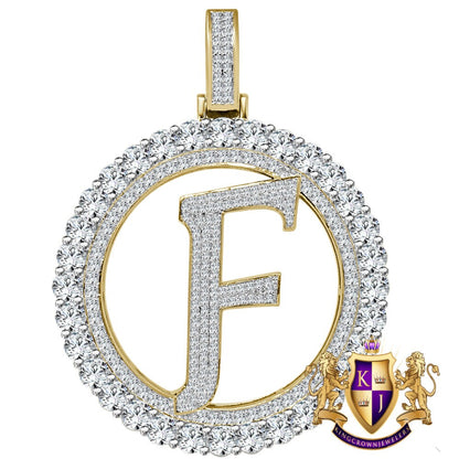 Big XL 3'' Solitaire Real Sterling Silver Gold Finish Simulated Diamond Initial Letter Alphabet "F" Pendent Charm Medallion