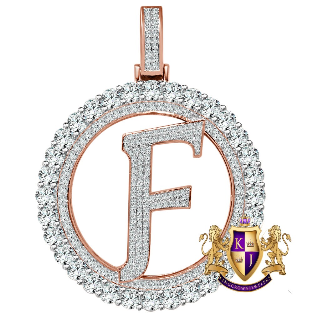 Big XL 3'' Solitaire Real Sterling Silver Gold Finish Simulated Diamond Initial Letter Alphabet "F" Pendent Charm Medallion