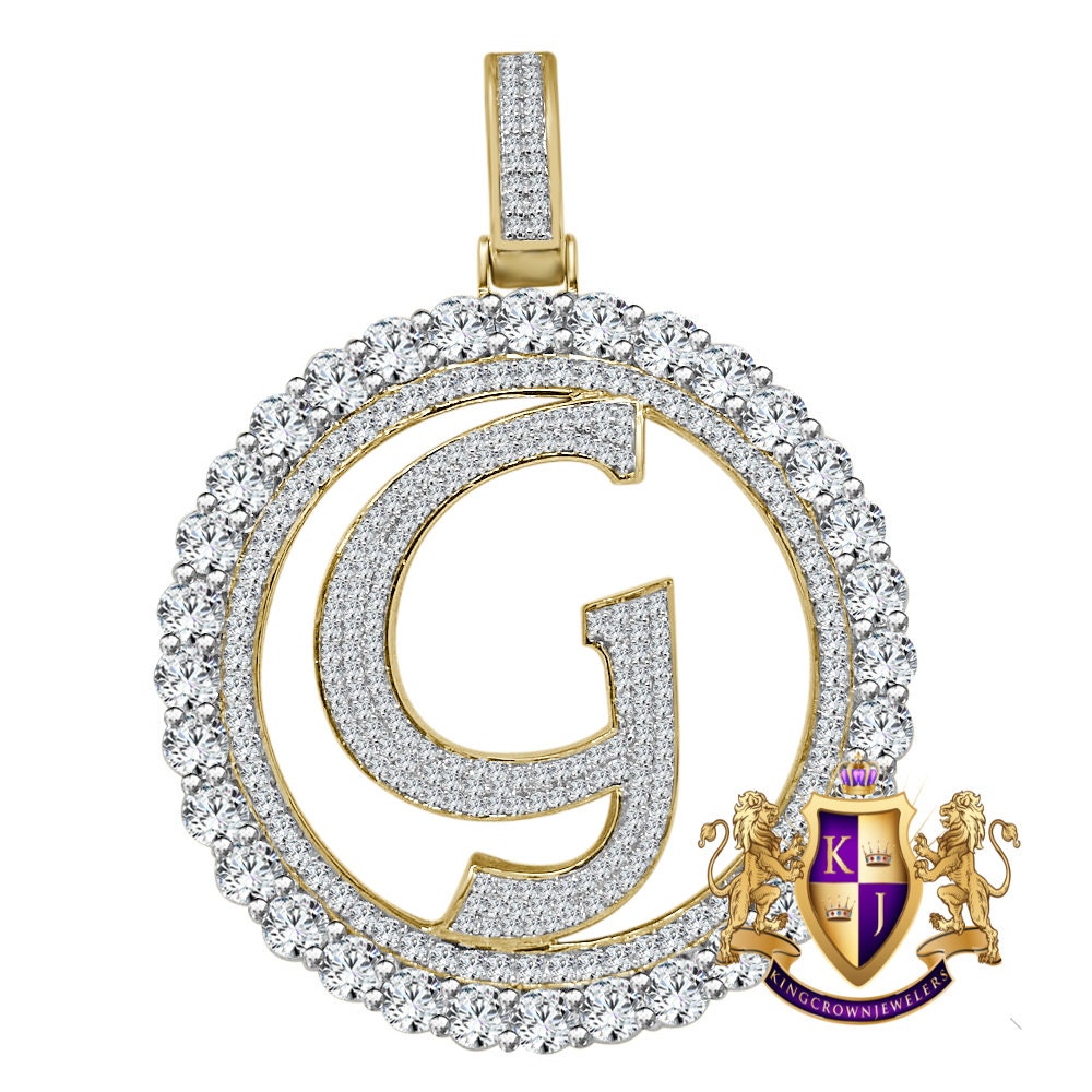 Big XL 3'' Solitaire Real Sterling Silver Gold Finish Simulated Diamond Initial Letter Alphabet "G" Pendent Charm Medallion