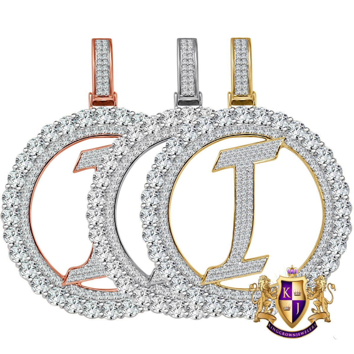Big XL 3'' Solitaire Real Sterling Silver Gold Finish Simulated Diamond Initial Letter Alphabet "I" Pendent Charm Medallion