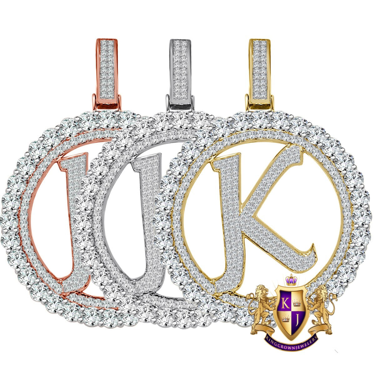 Big XL 3'' Solitaire Real Sterling Silver Gold Finish Simulated Diamond Initial Letter Alphabet "K" Pendent Charm Medallion