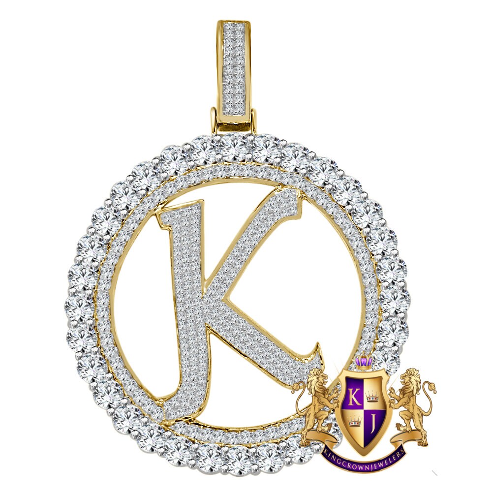 Big XL 3'' Solitaire Real Sterling Silver Gold Finish Simulated Diamond Initial Letter Alphabet "K" Pendent Charm Medallion