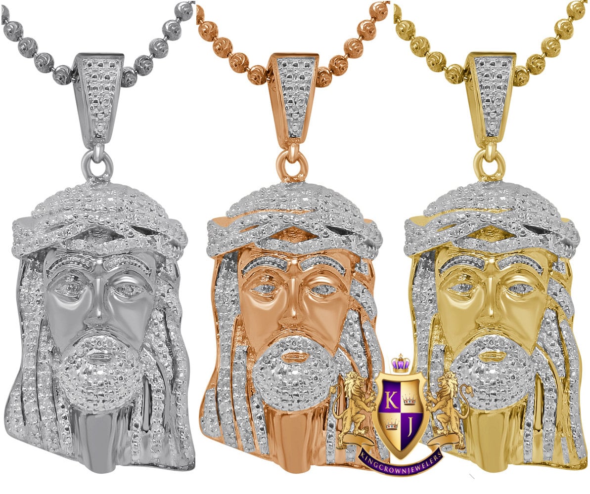 Real Genuine Diamond 0.33 Cwt. Mini Jesus Crist Face Piece 10K Gold Finish Pendant Charm Chain Set 1.5" Unisex