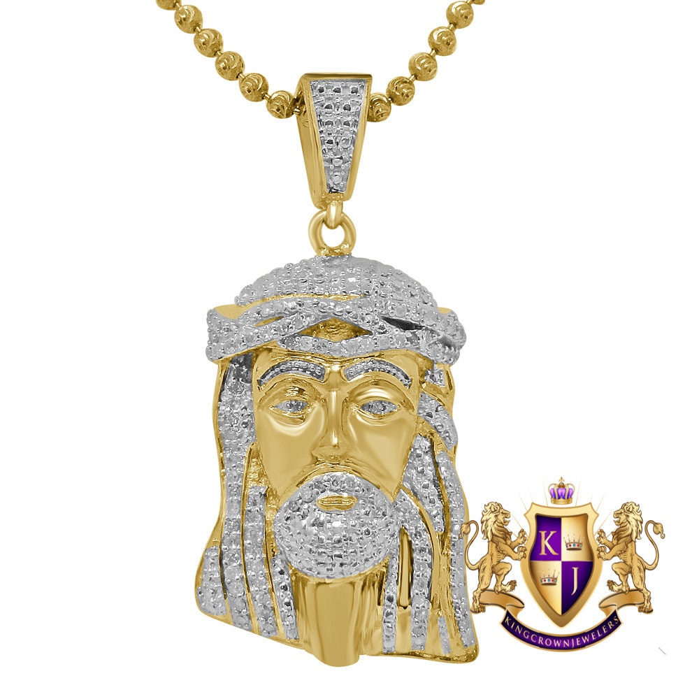 Real Genuine Diamond 0.33 Cwt. Mini Jesus Crist Face Piece 10K Gold Finish Pendant Charm Chain Set 1.5" Unisex