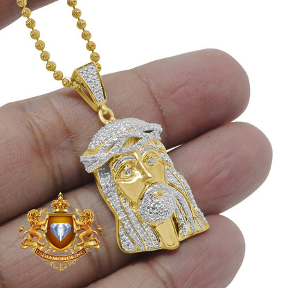 Real Genuine Diamond 0.33 Cwt. Mini Jesus Crist Face Piece 10K Gold Finish Pendant Charm Chain Set 1.5" Unisex