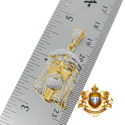 Real Genuine Diamond 0.33 Cwt. Mini Jesus Crist Face Piece 10K Gold Finish Pendant Charm Chain Set 1.5" Unisex