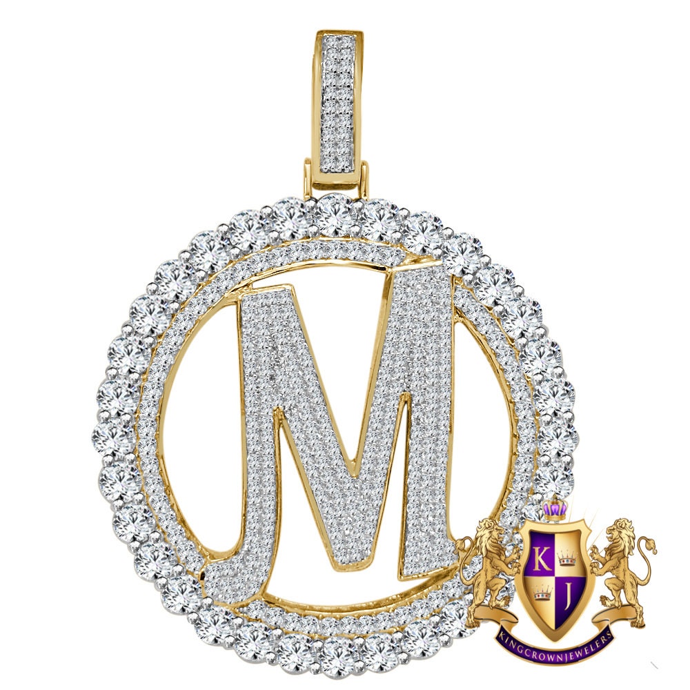 Big XL 3'' Solitaire Real Sterling Silver Gold Finish Simulated Diamond Initial Letter Alphabet "M" Pendent Charm Medallion