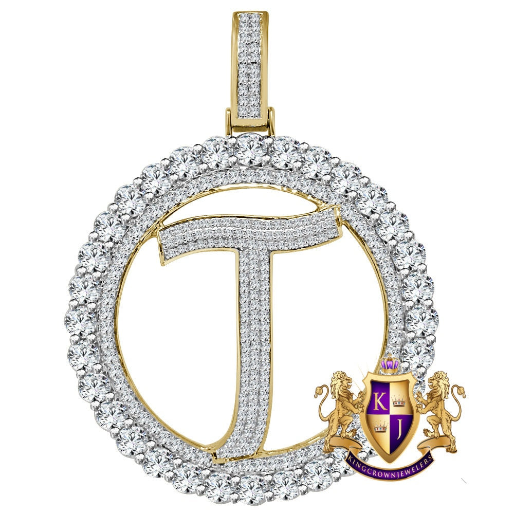 Big XL 3'' Solitaire Real Sterling Silver Gold Finish Simulated Diamond Initial Letter Alphabet "T" Pendent Charm Medallion
