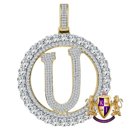Big XL 3'' Solitaire Real Sterling Silver Gold Finish Simulated Diamond Initial Letter Alphabet "U" Pendent Charm Medallion