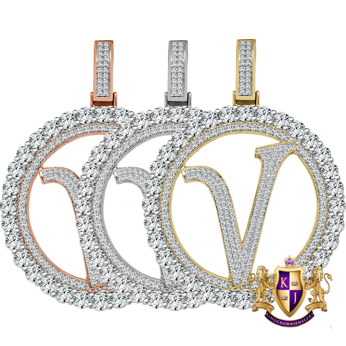 Big XL 3'' Solitaire Real Sterling Silver Gold Finish Simulated Diamond Initial Letter Alphabet "V" Pendent Charm Medallion