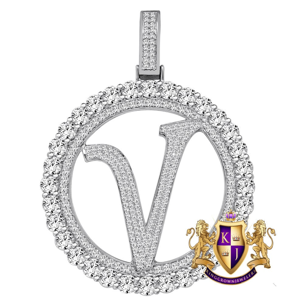Big XL 3'' Solitaire Real Sterling Silver Gold Finish Simulated Diamond Initial Letter Alphabet "V" Pendent Charm Medallion