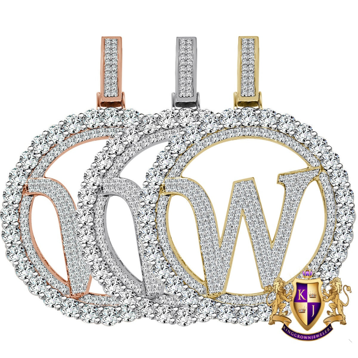 Big XL 3'' Solitaire Real Sterling Silver Gold Finish Simulated Diamond Initial Letter Alphabet "W" Pendent Charm Medallion
