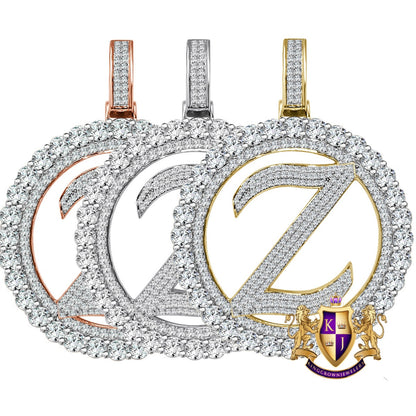 Big XL 3'' Solitaire Real Sterling Silver Gold Finish Simulated Diamond Initial Letter Alphabet "Z" Pendent Charm Medallion