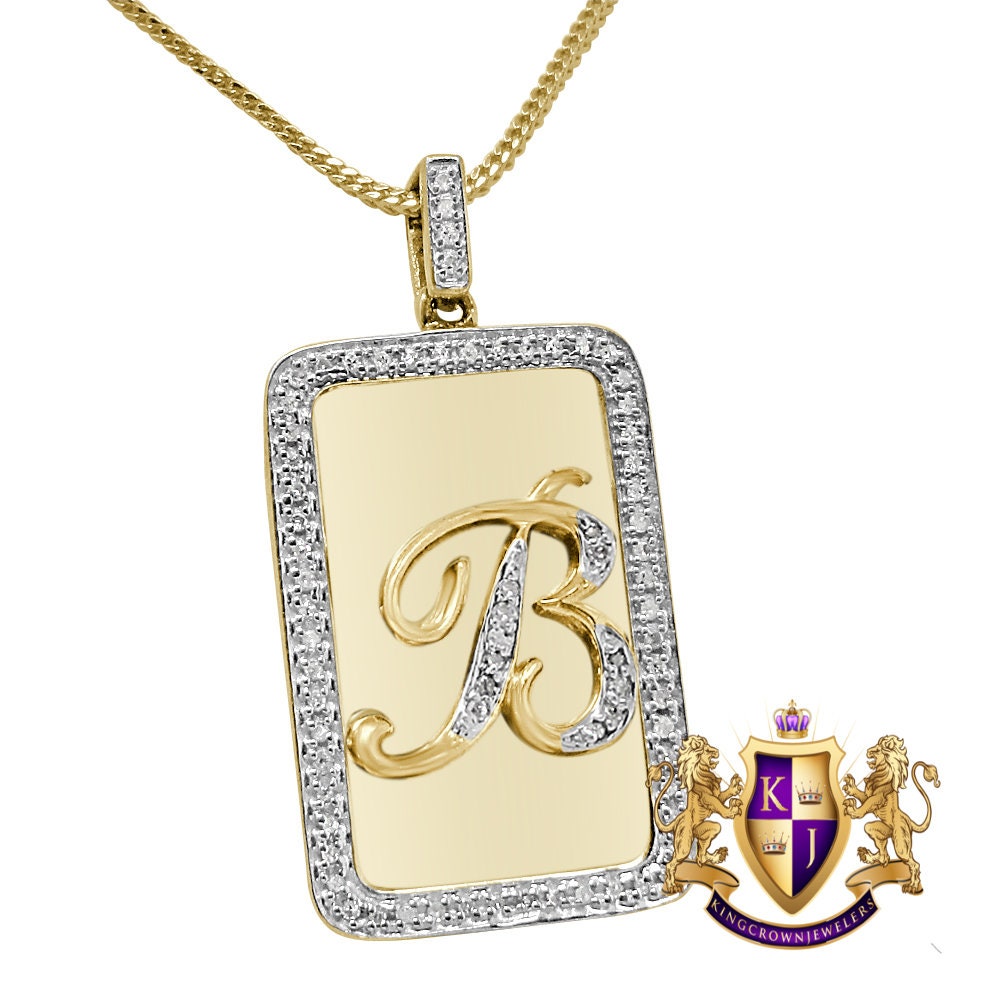 Real Genuine Authentic Natural Diamond Initial Letter Alphabet Dog Tag Unisex Pendant Charm Chain Neckless Set 10K Gold On Mini Small 1.25"