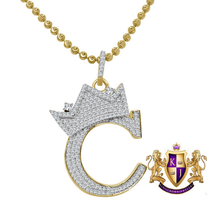 Real Yellow Gold Sterling Silver Simulated Initial Letter Crown Alphabet A-Z Pendent Charm Chain Set