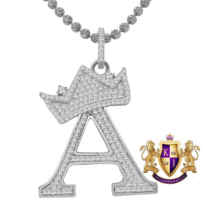 10K White Gold Over Real Sterling Silver Simulated Initial Letter Crown Alphabet A-Z Pendent Charm Chain Set